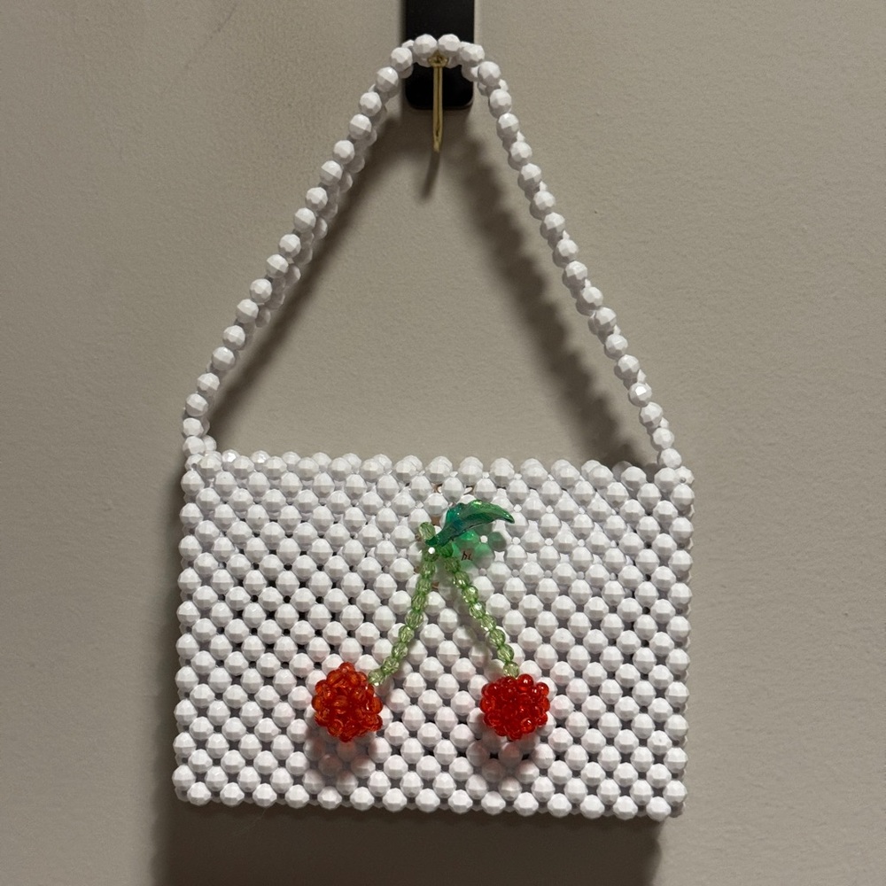 Susan Alexandra White Beaded Cherry Shoulder Bag
